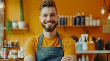 Joyful Barber Excelling in His Craft A Vibrant Studio Portrait photo