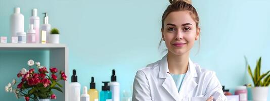 Happy Young Skin Care Specialist Radiating Joy and Expertise in Vibrant Workspace photo