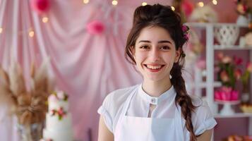 Happy Young Wedding Coordinator Expertly Handling Event Planning on Colorful Background photo