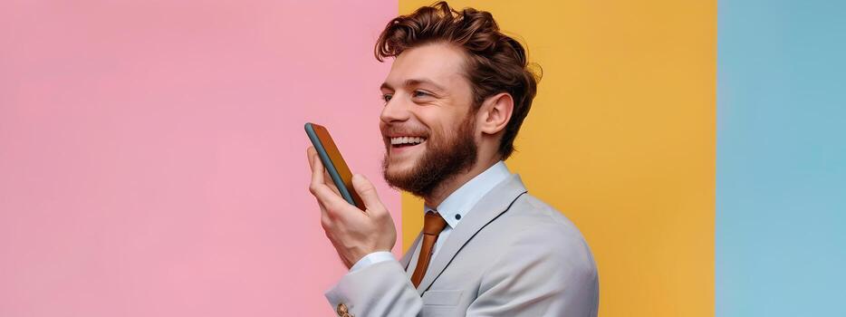 Happy Young Phone Sales Specialist Excelling in Work Performance on Color Background photo
