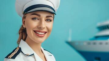 Joyful Cruise Ship Attendant in Vibrant Uniform Exemplifying Exceptional Service in the Tourism Industry photo