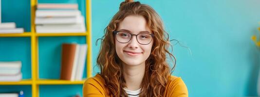 Happy Young School Counselor Working at Desk with Colorful Stationery and Laptop photo