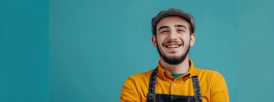 Happy Young Porter Exuding Pride and Satisfaction in a Vibrant Work Setting photo