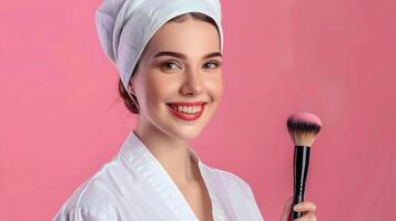 Joyful Makeup Perfecting Her Craft on a Vibrant Background photo