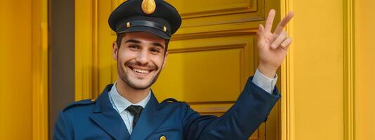 Hotel Front Door Greeter Embodying Warmth and Professionalism in a Colorful Welcome photo