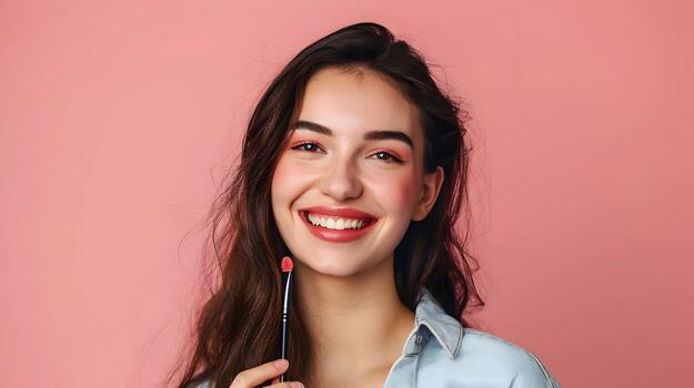 Joyful Makeup Excelling in Her Craft on a Colorful Backdrop photo