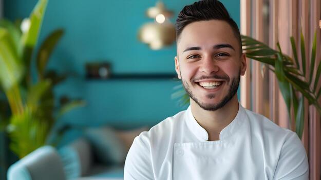Joyful Concierge Excels in Guest Services Portrait with Color Background photo