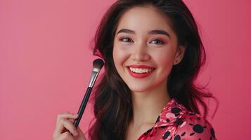 Joyful Makeup Demonstrating Expert Skills in Vibrant Color Palette photo