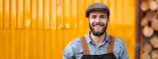 Happy Young Porter Exhibiting Skill and Enthusiasm in Vibrant Industrial Setting photo