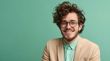 Happy Young Mortgage Loan Processor Expertly Managing Financial Documents on a Colorful Background photo
