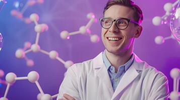 Happy Young Molecular Scientist Excels in Colorful Research Lab photo