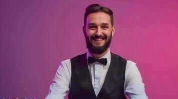 Joyful Casino Host Excelling in Job Radiating Happiness in Vibrant Workplace photo