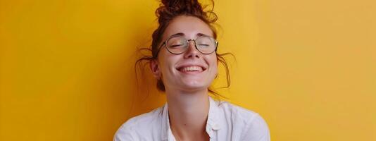 Joyful Young Therapist Working on a Colorful Background Symbolizing Positivity in Mental Health photo