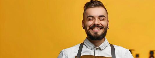 Thriving Young Barber Exhibiting Skill and Happiness in Vibrant Shop photo