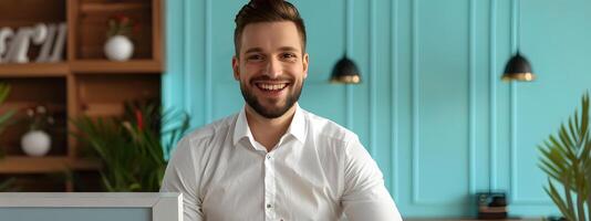 Lodging Managers Vibrant Portrait Expressing Happiness in the Colorful World of Hospitality photo