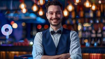 Jubilant Young Casino Host Excelling in Guest Services on the Gaming Floor photo