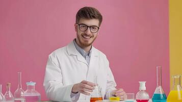 apasionado joven químico emocionado avanzando investigación en vibrante laboratorio foto
