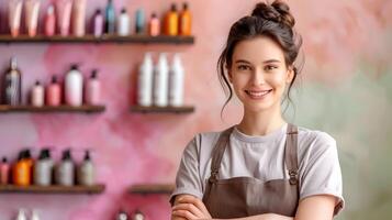 Thriving Salon Manager Exuding Joy and Commitment in Vibrant Workplace photo