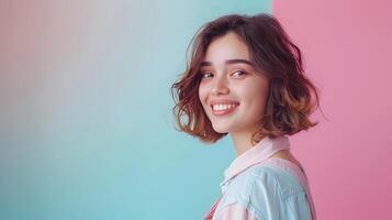 Vibrant Career Joyful Young Hair Stylist Expertly Working on a Colorful Background photo