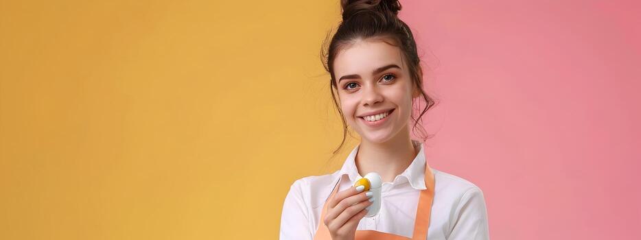 Joyful Manicurist Excels in Vibrant Nail on Colorful Backdrop photo