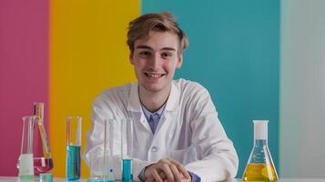 Vibrant Display of Youthful Enthusiasm A Chemist Diligently Analyzing Solutions in a Colorful Laboratory Setting photo