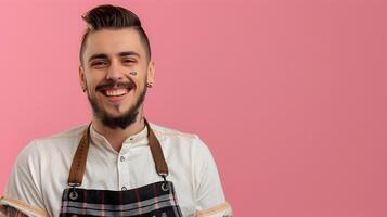 Joyful Young Barber Excelling in His Craft on a Vibrant Color Backdrop photo