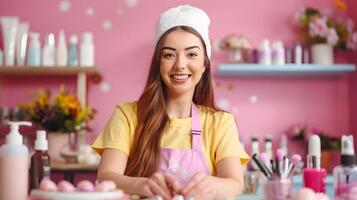 Joyful Manicurist Crafting Vibrant Nail Art in a Colorful Salon photo