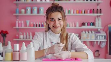 Joyful Nail Technician Expertly Crafting Vibrant Nail Art in a Professional Setting photo
