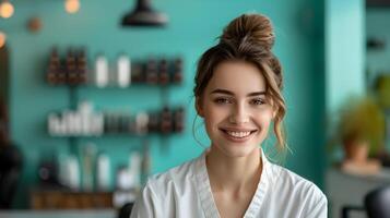 Thriving Salon Manager Exudes Joy and Expertise in Vibrant Workspace photo