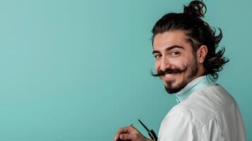 Vibrant Career of a Happy Young Hair Stylist at Work on Colorful Background photo