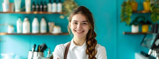 Prosperous Salon Manager Exuding Joy and Expertise in Vibrant Workplace photo