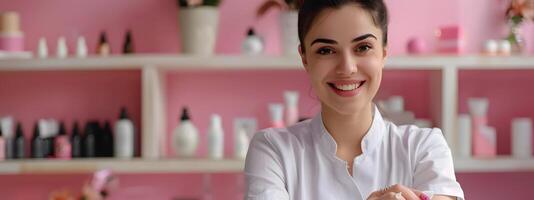 Joyful Manicurist Expertly Crafting Beautiful Nail Art in a Vibrant Salon photo