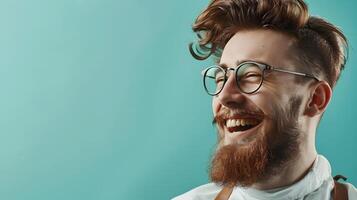 Joyful Young Barber Expertly Crafting Styles on a Vibrant Background photo