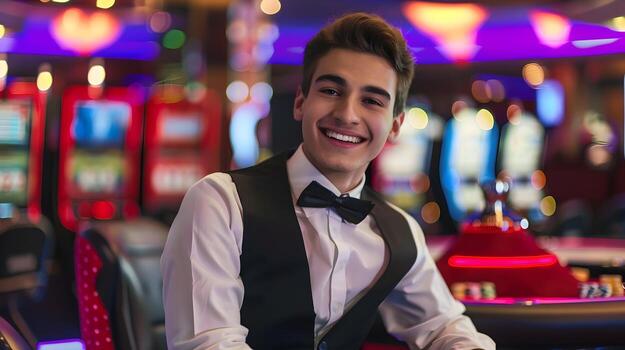 Jubilant Casino Host Excelling in Customer Service on Vibrant Background photo