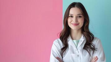 Joyful Young Therapist Offering Assistance on a Vibrant Background photo