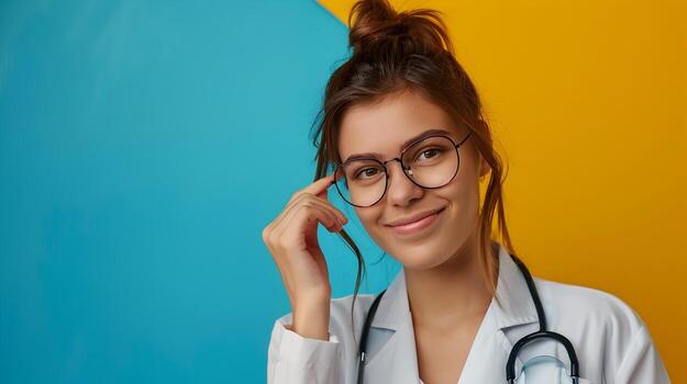 Joyful Speech Pathologist Devoted to Helping Clients Over Color Background photo