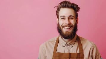 Joyous Young Barber Excelling in His Craft on a Colorful Backdrop photo