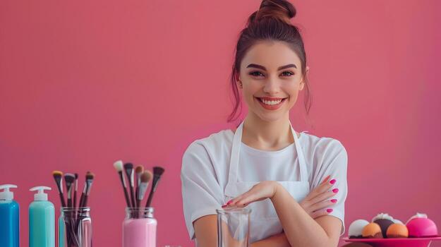 Joyful Manicurist Excels in Colorful Nail A Portrait of Skill and Service photo
