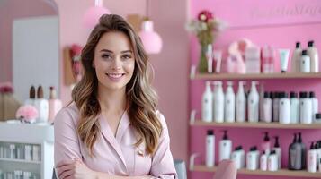 Thriving Salon Manager Exuding Joy in Vibrant Workspace photo