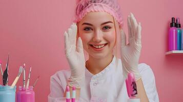 Joyful Nail Technician Excelling in Her Craft A Colorful Portrait of Dedication and Beauty photo