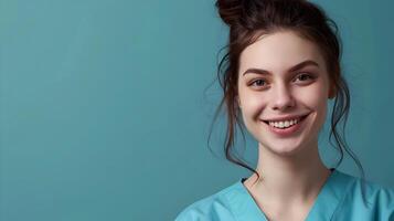 Joyful Young Therapist Working Diligently on Colorful Background photo