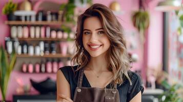 Vibrant Hair Stylist Demonstrating Expertise in a Colorful Salon Environment photo