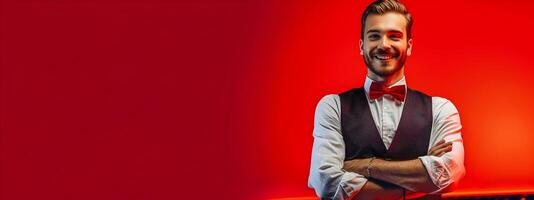 Young Casino Host Exuding Happiness in a Vibrant Gaming Environment photo