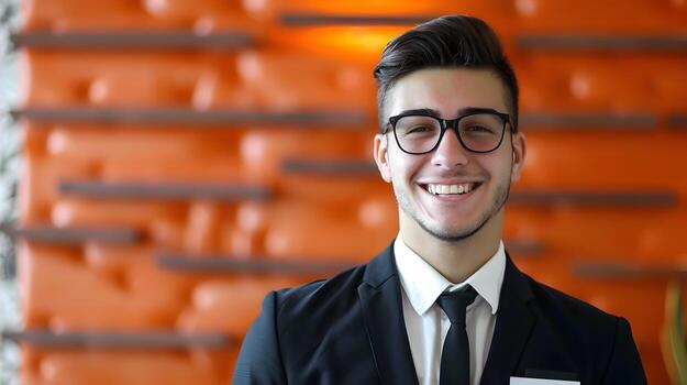 Vibrant Young Hotel Manager Exuding Happiness While Efficiently Working in Colorful Office photo