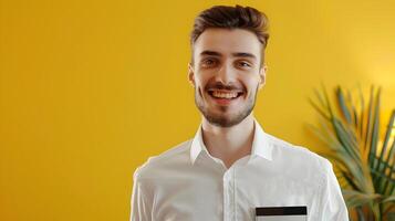 Young Hotel Manager Exudes Happiness in Portrait Against Colorful Backdrop photo