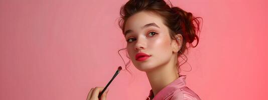 Young Makeup Radiant Enthusiasm A Portrait Amidst a Colorful Palette of Beauty Tools and Cosmetics photo