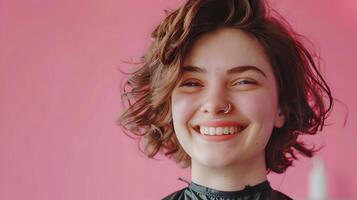 Young Hair Stylist Expertly Working on a Vibrant Color Background Demonstrating Joy and Success in the Salon Industry photo
