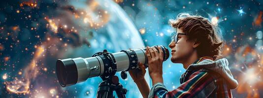 Young Astronomers Inspiring Journey Pursuing Stardom with a Colorful Universe Portrait photo