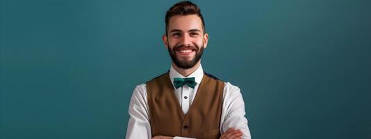 Young Lodging Manager Exuding Happiness and Professionalism in Vibrant Workspace photo