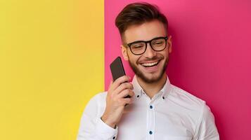 Young Phone Sales Specialist Thriving in a Colorful Office Environment photo